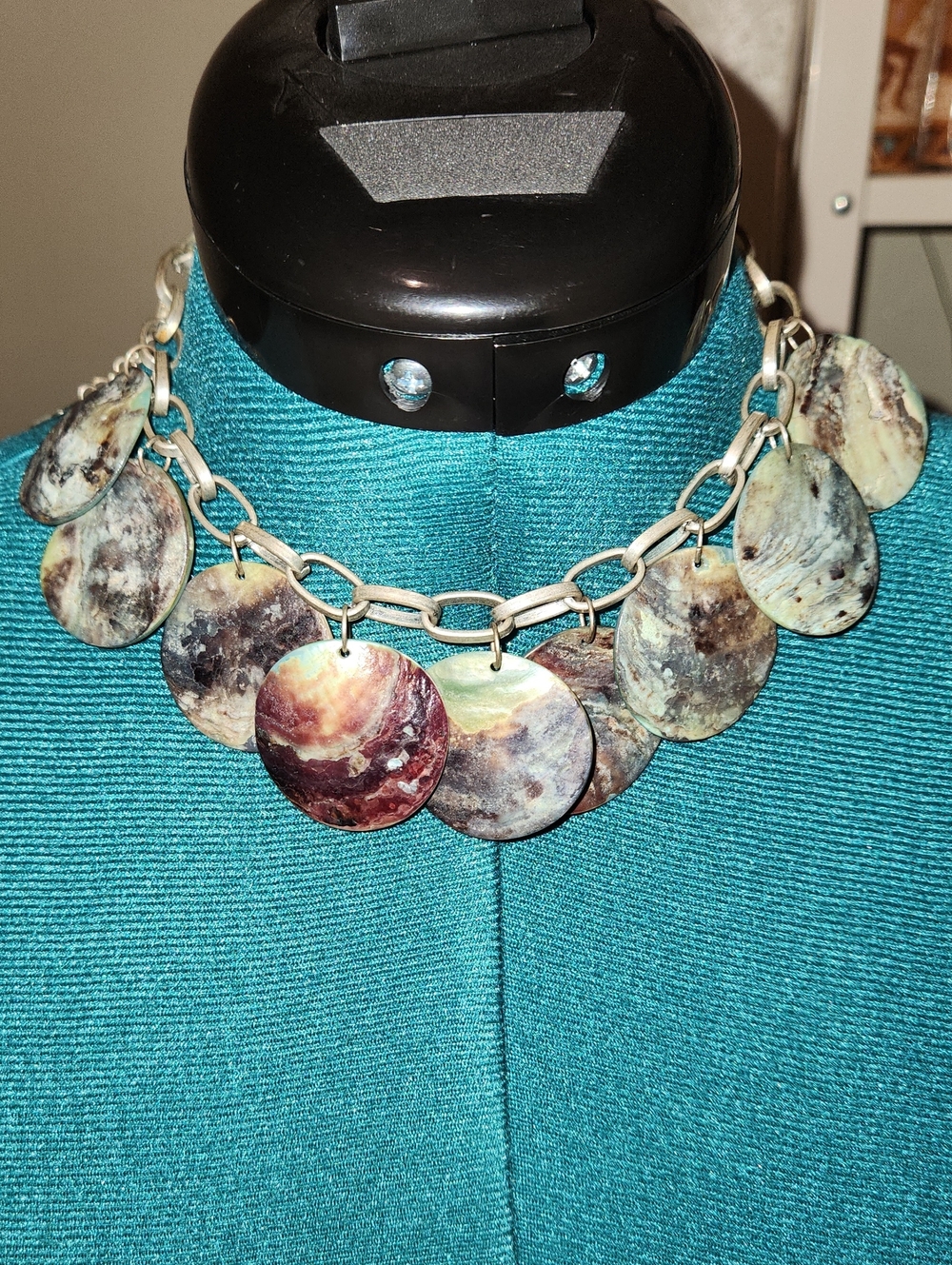 Vintage MCM Abalone Shell Discs 1 3/8" Statement Necklace 15" LONG  4" Extension